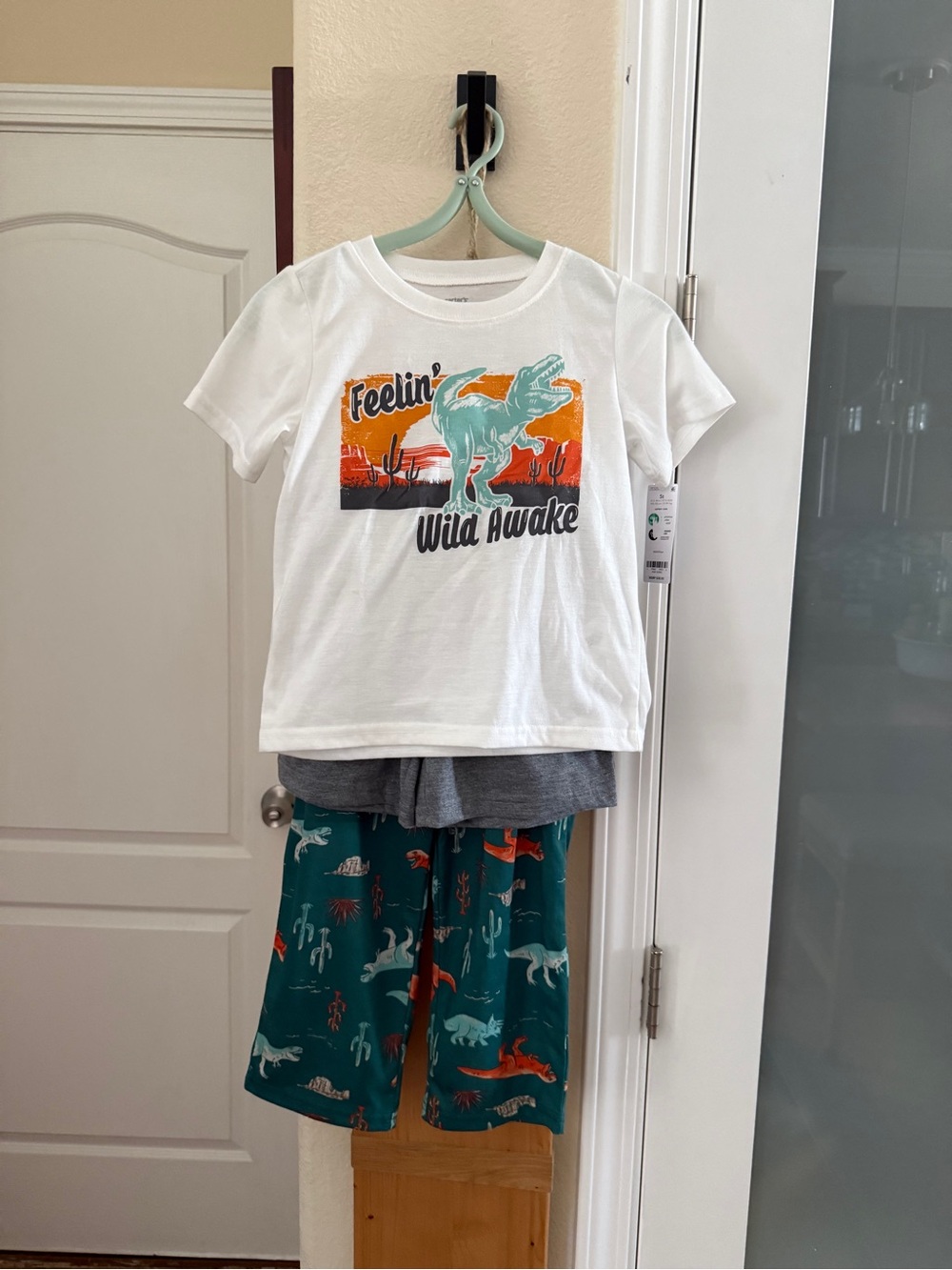 Carter's White Tee & Teal Dinosaur Pajama Set